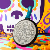 10.5 Inch Seasoned Cast Iron Xolo Sugar Skull Griddle with Deluxe Handle Holder